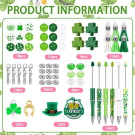 Vellibring 12 Set St Patricks Day Beadable Pens Plastic Bead Pens Clover Green Bulk Ballpoint DIY Crafting Pens Making Kit with Pendants Lobster Clasps for Students Teens School Office Supplies