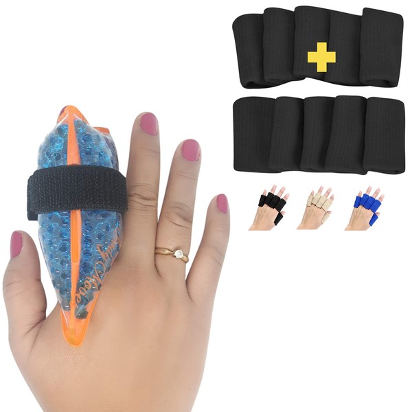 BodyMoves Finger Hot and Cold Ice Pack Plus Adult Finger Brace Splint Sleeve Thumb Support Protector Cushion Pressure Safe Elastic Breathable Stabilizers (Midnight Black)