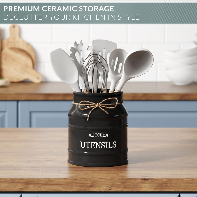 Barnyard Designs Ceramic Farmhouse Utensil Holder for Kitchen Counter, Large