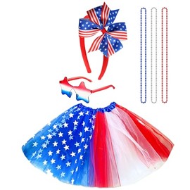BEBAOVO Patriotic Tutu Costume Set, Stars and Stripes Skirt, Bow Headband, Sunglasses, Beaded Necklaces, 4th of July Party Accessories, Red White Blue Style for Independence Day Memorial Day
