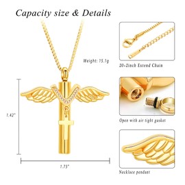 XSMZB Wings Cylinder Cremation Jewelry for Ashes Pendant Cross Urn Necklace for Ashes for Men Women Keepsake Locket Jewelry(Gold)