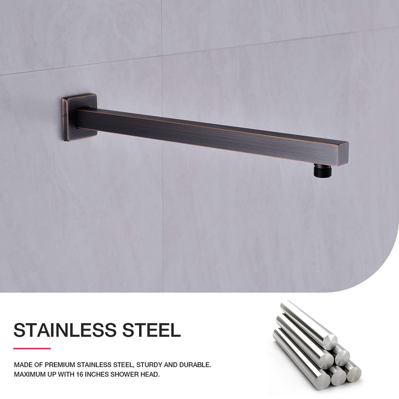 Square Shower Arm with Flange 16 Inch Wall Mounted Rainfall