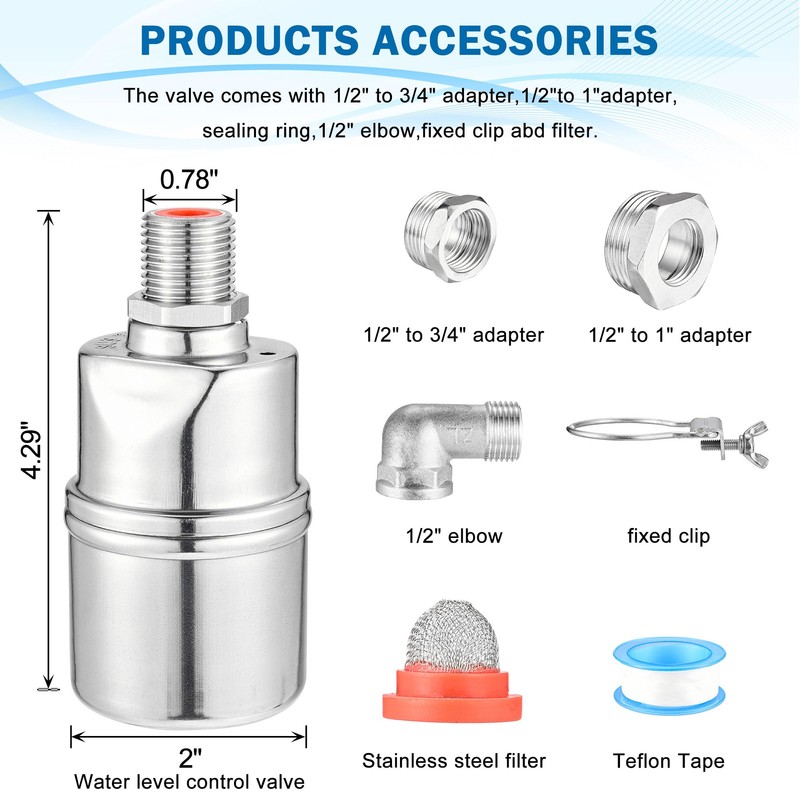 Mornajina 1/2" 3/4" 1" Automatic Float Valve, 304 Stainless Steel
