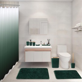 XLHOMO Dark Green Bathroom Accessories Set with Ombre Shower Curtain and Bathroom Rugs,Bathroom Sets with Trash Can,Toothbrush Holder and Cup,Soap Dispenser,Tray,Soap Dish,Toilet Brush,Qtip Holders
