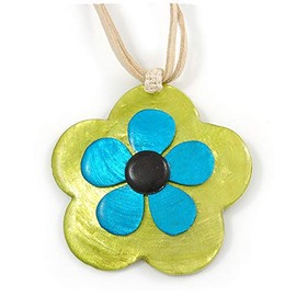 Avalaya Romantic Shell Flower Pendant with Cream Faux Suede Cords (Lime Green, Blue, Black) - 40cm L