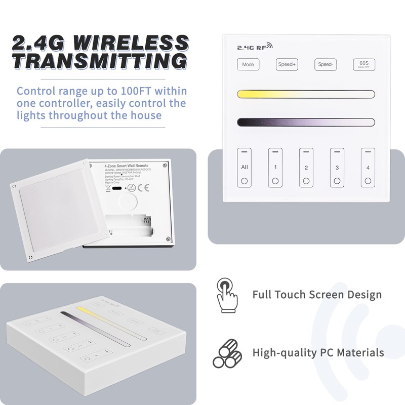 TUNICHX RF Touch Panel Remote 2.4G 4-Zone for Dimmer and