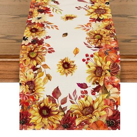 Artoid Mode Sunflower Eucalyptus Leaves Fall Table Runner, Seasonal Autumn Thanksgiving Kitchen Dining Table Decoration for Outdoor Home Party 13x72 Inch
