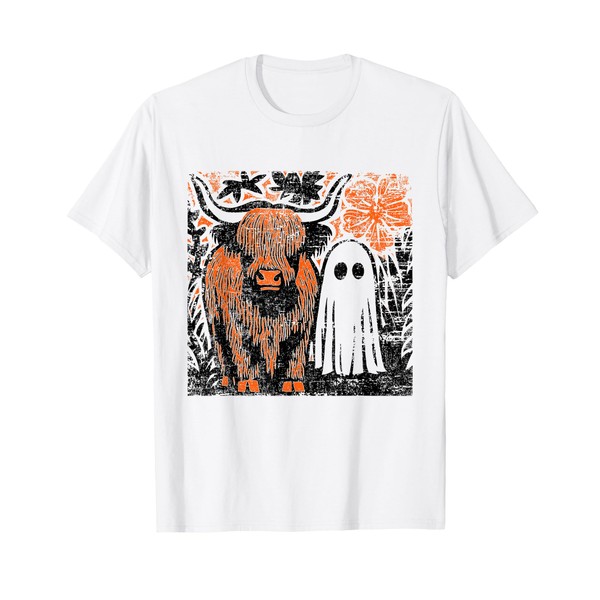 Retro Cute Ghost and Highland Cow Halloween Cowboy Ghost Boo