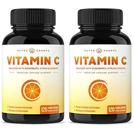 (2 Pack) Vitamin C 1000mg with Elderberry, Citrus Bioflavonoids & Rose Hips - 120 Capsules Vegan, Non-GMO Antioxidant Supplement for Immune Health & Collagen Production 500mg Powder Pills