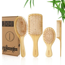 DEBETOOL Bamboo Hair Brush and Comb Set for Women Men and Kids,Natural Bamboo wood Wide-tooth brush and tail comb - Paddle Detangling Brush for Wet Dry Curly Hair