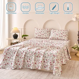 Huborise Rose Floral Bed Sheets Set 100% Cotton Pink Percale Sheets King Size Shabby Vintage Cute Flower Patterned Sheets, Soft & Breathable Coquette Bedding, Deep Pocket Fitted Sheet 17.5", 4Pcs