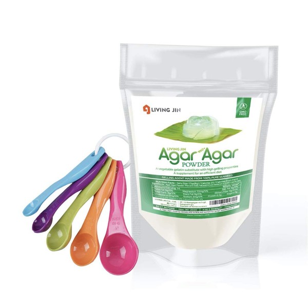 Agar Agar Powder 4oz, 5-piece Measuring Spoon Set: Gelatin Substitute, Vegan, Unflavored, Gummy bears, Cheese, Vegetarian, Keto, Gluten-free, Non-GMO, Sugar-free, Halal, Thickener |LIVING JIN