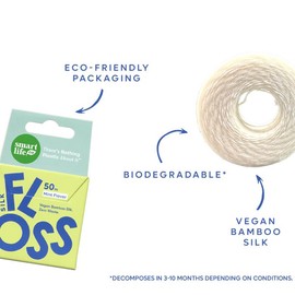 SMARTLIFECO Biodegradable Silk Dental Floss – Vegan Expanding Bamboo Silk Floss for Superior Plaque Removal, Eco-Friendly No Plastic Dispenser Box, Mint 50m