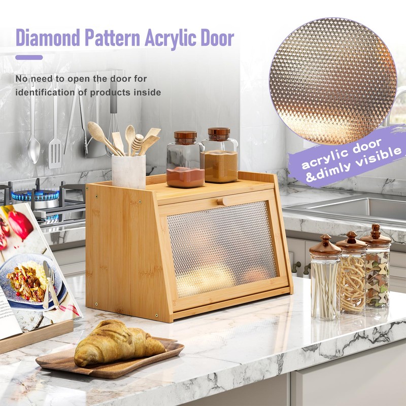 Wieghda Large Farmhouse Bread Box with Window - Natural Wood