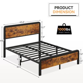 Black Queen Size Bed Frames with Wood Headboard and Footboard,Heavy Duty Platform Bed Frame with Storage No Box Spring Needed,Steel Slats Mattress Foundation Round Corner Design Noise Free, Brown
