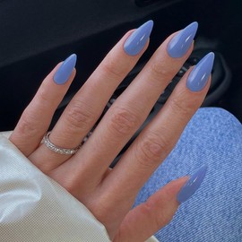 Baby Blue Press on Nails Medium Stiletto Almond,KQueenest Pure Color Acrylic Nails Kit Reusable Fake Nails Feature Protective UV Coating for Women Nail Art Manicure in 24PCS