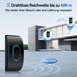 TECKNET Doorbell IP65 Wireless Bell Outdoor Waterproof 400 m Range Wireless Bell 2 Receivers 60 Melodies Bell House Door 5 Volume Levels with LED Flash
