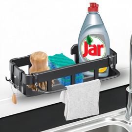 Torytoe Sink Organiser, Sponge Holder, Kitchen Sink Organiser with Dish Cloth Holder and Two Hooks, Dish Cloth Holder, No Drilling, for Kitchen and Bathroom (Black)