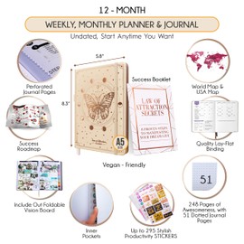 Hourly Planner - Undated Weekly & Monthly Planner, 12-Month Journey to Increase Productivity | Gratitude Journal, Life Organizer & Goal Journal | Include Foldable Vision Board, Habit Tracker & Sticker