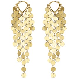 Disc Tassel Dangle Drop Earrings for Women 14K Gold Plated Long Trendy Bohemian Boho Earrings Sparkly Sequin Dainty Lightweight Coin Chandelier Hoops