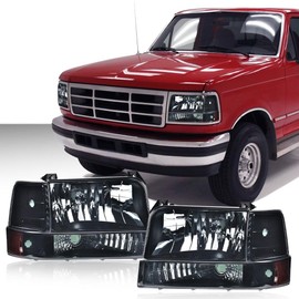 LQI Headlights Assembly w/Corner Signal Lamp & Bumper Lamps Compatible with 1992-1996 Ford F150 Bronco/Fit 1992-1997 Ford F250 F350 Smoke lens Black Housing Amber Reflector