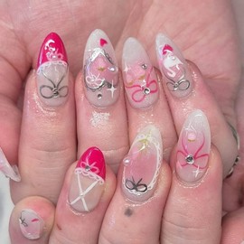 Almond Press on Nails Medium Length MABKJLF French Tip Fake Nails Pink&White False Nails with Bow Rhinestones Heart Designs Cute Glossy Glue on Nails for Women Girls 24Pcs