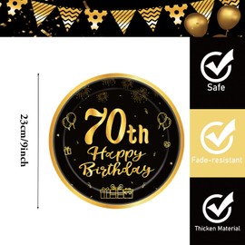 70th Birthday Paper Plates 9”Black and Gold Paper Plates,16Pcs Disposable Tableware Party Plates,Happy 70th Birthday Decorations Plates for Boys,Girls,Him,Her 70th Birthday Party Supplies Table Decor