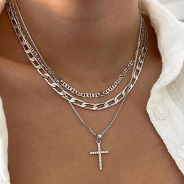 Frodete Cross Necklace for Women Rhinestone Cross Necklace Gold Layered Charm Pendant Necklace Jewelry