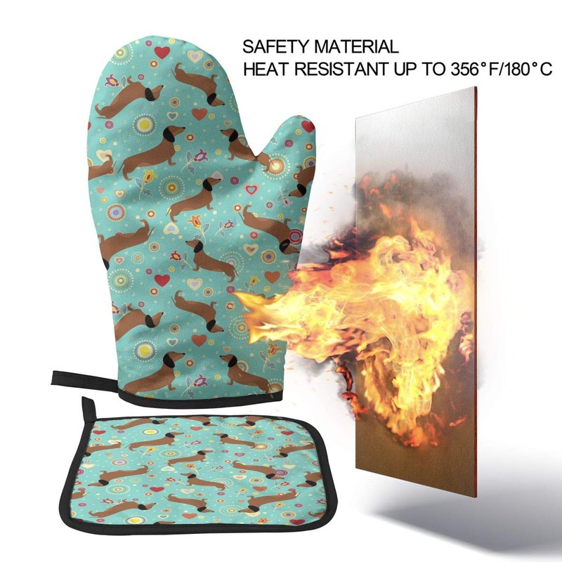 Oven Mitt and Pot Holders, 2 Piece Set, Dachshunds On