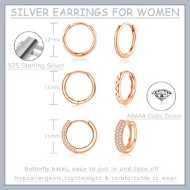 Zolkamery Earrings Hoops, 3 Pairs 925 Sterling Silver Hoop Earrings Set for Women, Rose Gold Hypoallergenic Sleeper Hoop Huggie Earring with Zircon, Small Unisex Multi Pierced Earring for Men 12mm