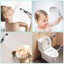 MIAOHUI Chrom Duschkopf Druckerhöhend, Handbrause mit 3 Strahlarten, Duschschlauch mit Duschkopf, wassersparend Hochdruck Duschkopf mit Wasserstop Funktion, Duschbrause mit Schlauch und Teflonband
