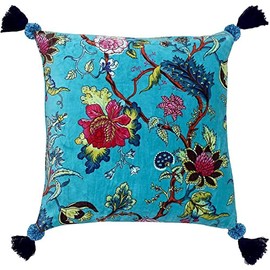 Riva Paoletti Tree Of Life Cushion Cover - Kingfisher Blue - Floral Chinoiserie Print - Pompom Tassel Corners - Machine Washable - 100% Cotton - 50 X 50Cm (20" X 20" Inches) - Designed In The UK