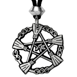 Witch Broom Pentagram Necklace - Wiccan Pentacle Pendant