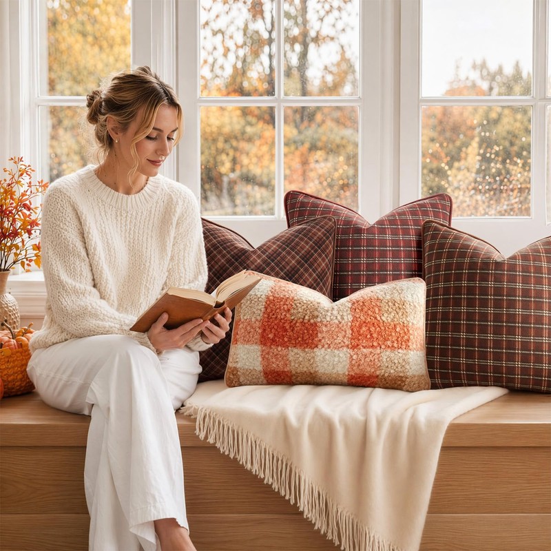 Kevin Textile Fall Plaid Pillow Cover 12x20 Inch with Piping,