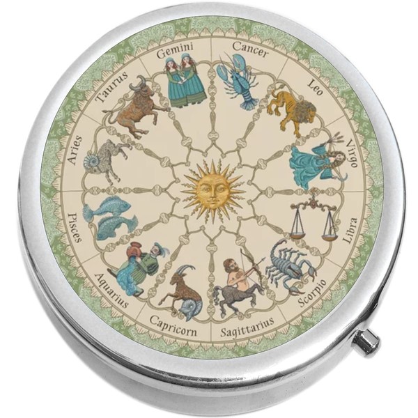 Vintage Zodiac Astrology Medicine Pill Box - Portable Pillbox case fits in Purse or Pocket