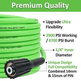 Super Flexible Pressure Washer Hose M22 Brass Fitting 32ft 1/4" 2900PSI, Kink Resistant Extension Hose,Power Washer Hose Replacement for Ryobi, Troy Bilt, Greenworks, CRAFTSMAN Most Brand Power Washer