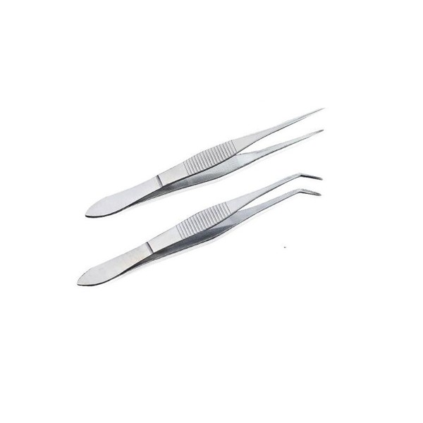 1 Set(2PCS)10cm/3.9'' Professional Stainless Steel Medical Dental Forceps Tweezers-Multifunction Straight Tip and Curved Tip General Purpose Tweezer Eyebrow Removal Tool(Silver)