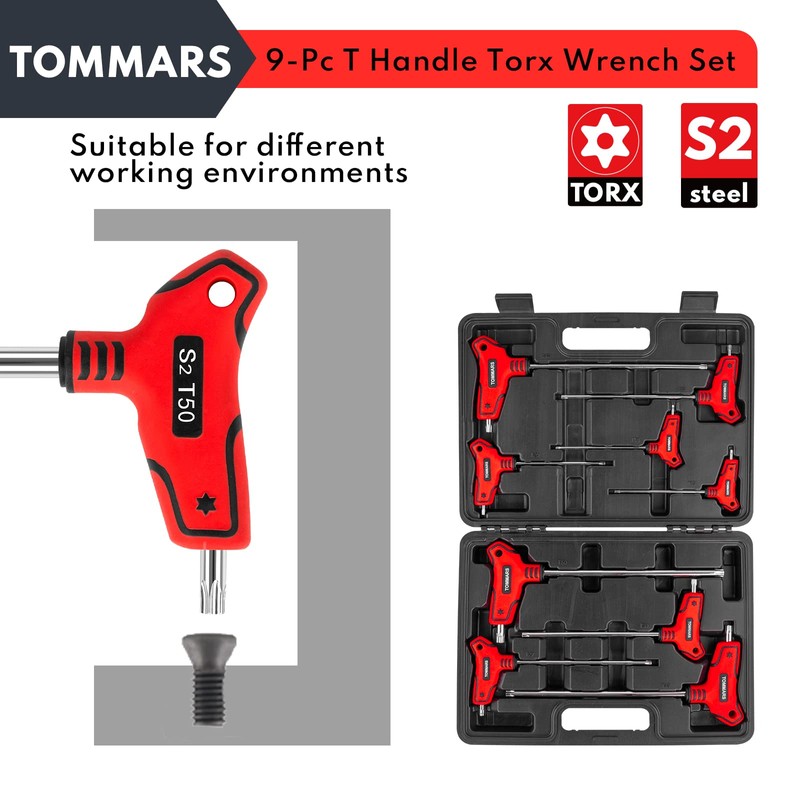 TOMMARS 9PC T Handle Torx Wrench Set, S2 Steel, T10