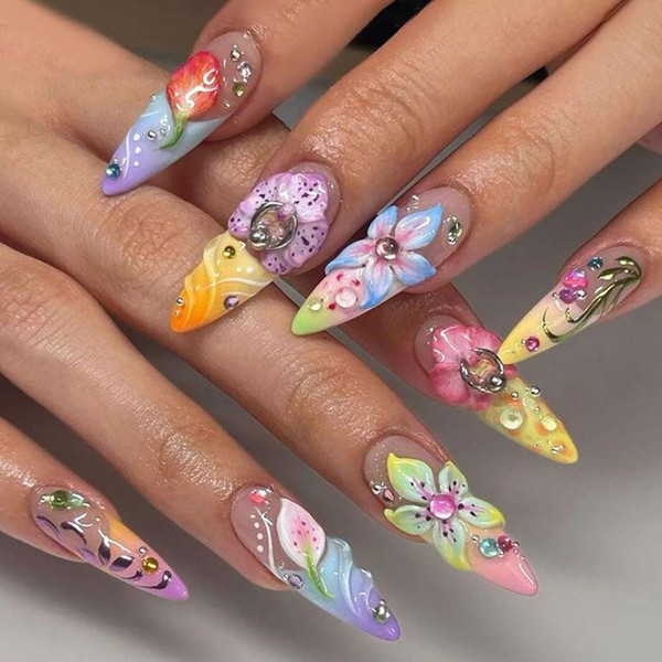 24Pcs Spring Summer Press on Nails Medium Almond Flower Fake
