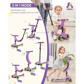 KRIDDO 5-in-1 Scooter for Kids Ages 1-5 Years Old, Folding Scooter with 3 Lighted Wheels, Wide Standing Board, Adjustable Height, Learn-to-Steer Handlebar, for Indoor and Outdoor, Purple