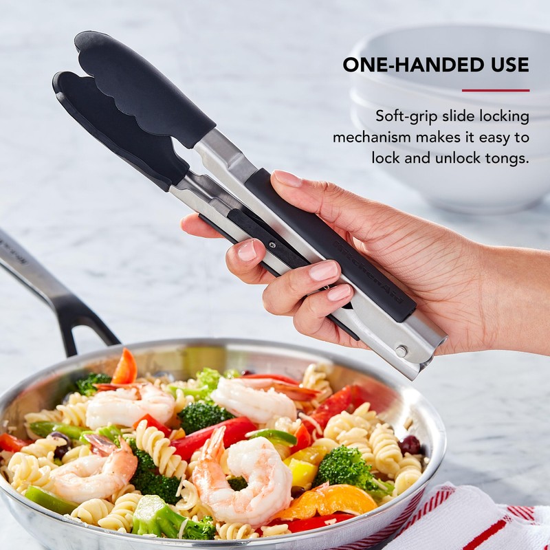 KitchenAid Silicone Tipped Side Locking Tongs, Black, 9 Inch