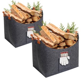 YeaHapiday 2pcs Felt Firewood Basket with Handles Log Baskets for Fireplaces Indoor Outdoor Foldable Multi-Use Firewood wicker basket for Shopping, Vegetables, Newspaper or Firewood 45x32x40 cm