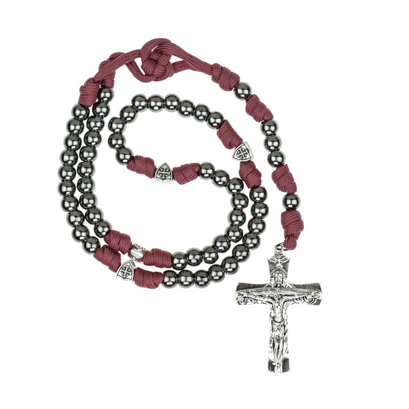 Intercession Handcrafted Paracord Rosary, Black Methalic Beads with Red Braided