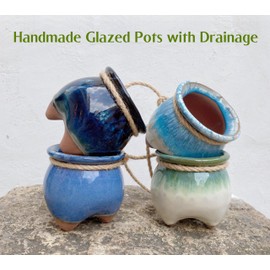 Casktcom Cute Hanging Succulent Planters Ceramic, Hand Crafted Cute Small Hanging Pots with Drainage Hole, Indoor Outdoor Unique Glazed Mini Pot，4 Inch Set of 4