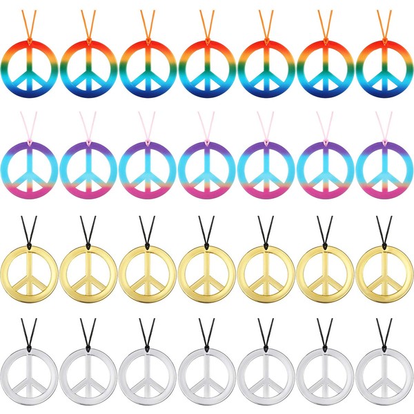 28 Pieces Hippie Necklaces Tie Dye Peace Sign Necklaces for Hippie Dressing Accessory