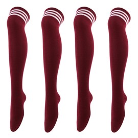 Thajaling 2 Pcs Women's Over Knee Thigh Socks,Triple Stripes High Tights Long Stocking,Soft Stretch Boot Socks for Daily Wear,Cosplay (Burgundy)