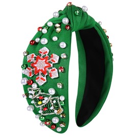 PHALIN Diadema navideña para mujer, accesorios de Navidad, copo de nieve, bastón de caramelo, diadema anudada, rojo, verde, abalorio de diamantes de imitación, diadema ancha con nudo superior (árbol de Navidad y Rinedeer)