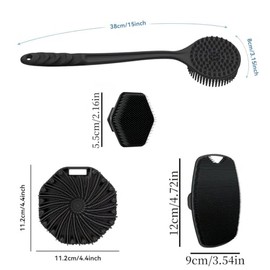 Juego Cepillos Baño Silicona Incluye Cepillo Espalda Mango Largo Facial Ovalado Espiral Masaje Corporal Black