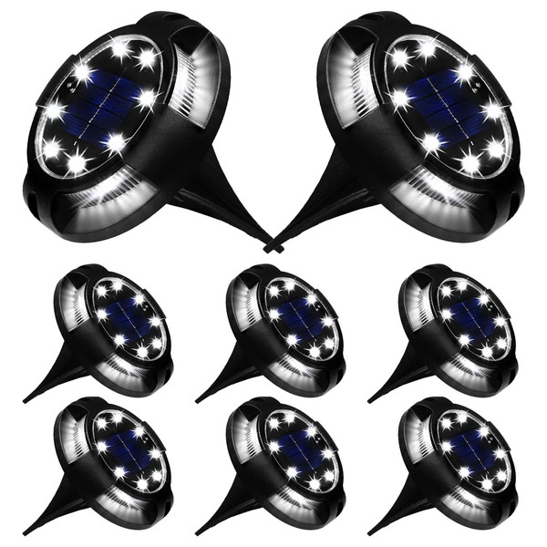 Solar Ground Lights Outdoor 8 Packs 12 LED Disk Lights Solar Powered Waterproof New In-ground Lights for Garden Deck Stair Step Lawn Patio Driveway Walkway Pathway Yard Decoration (White Light,8Pack)