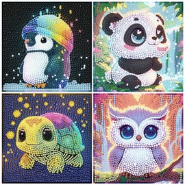 4 Pack 5D Diamond Art Kits for Children, Cartoon Diamond Painting Kits 4 Cute Animal, Coloured Diamond Dots, 4 Diamond Canvases (Unframed), 4 Trays, 4 Diamond Pens, Diamond Craft Kits for Boys, Girls